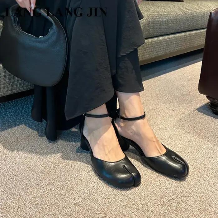 Escarpins Tabi Ninja à bout fendu pour femmes, chaussures à talons ronds de 5cm, Mary Janes, sandale