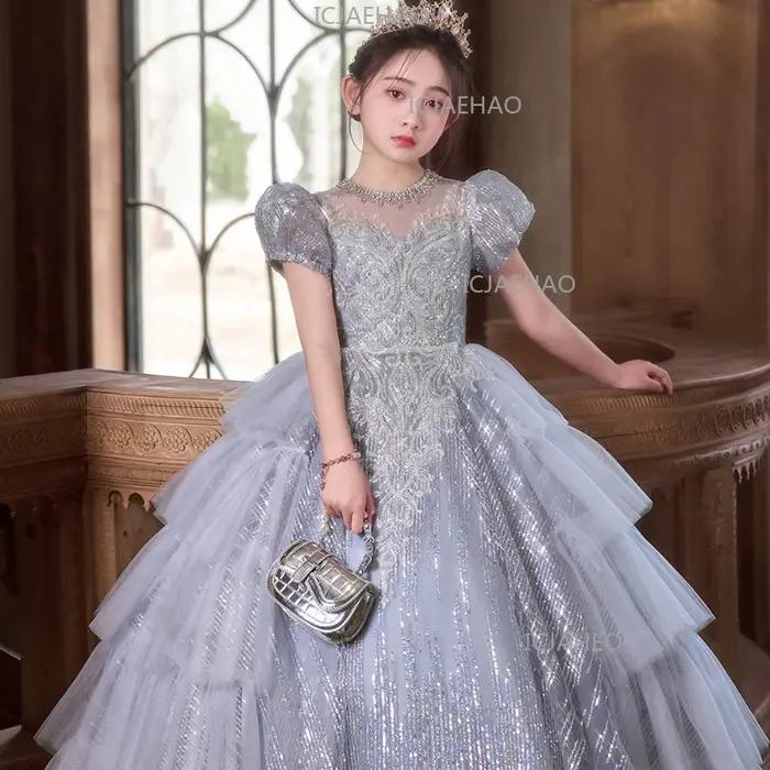 Robe de Soirée Princesse pour Filles, Robe de Cérémonie Enfant Fleuriste, Robe de Performance à Pail