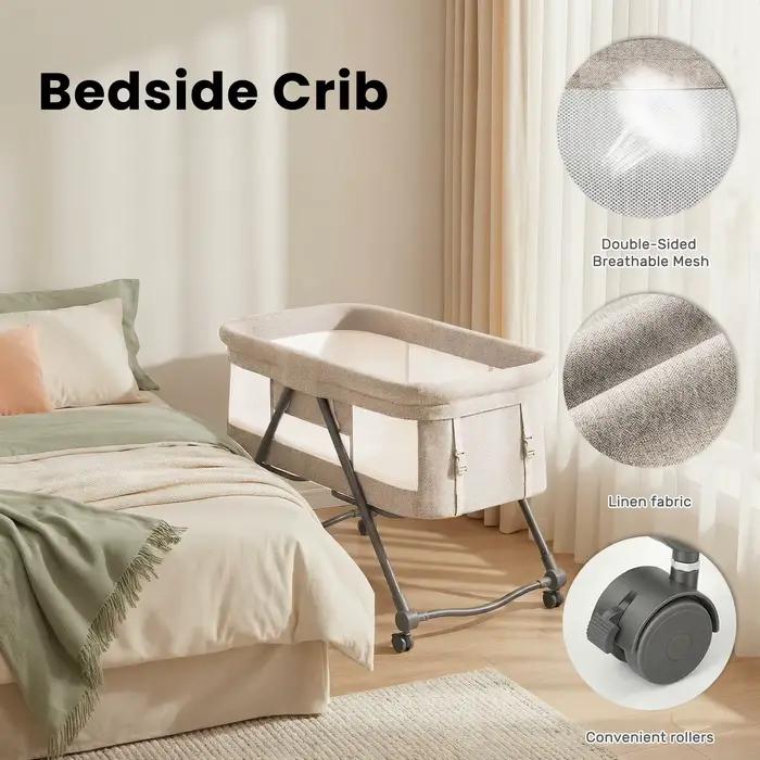 Lit de voyage convertible 4-en-1 pour bébé – Berceau à bascule avec roues silencieuses, design pliab