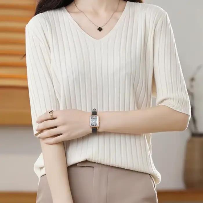 Pull tricoté en cachemire à manches courtes et col en v pour femme, pull de couleur unie, nouvelle c