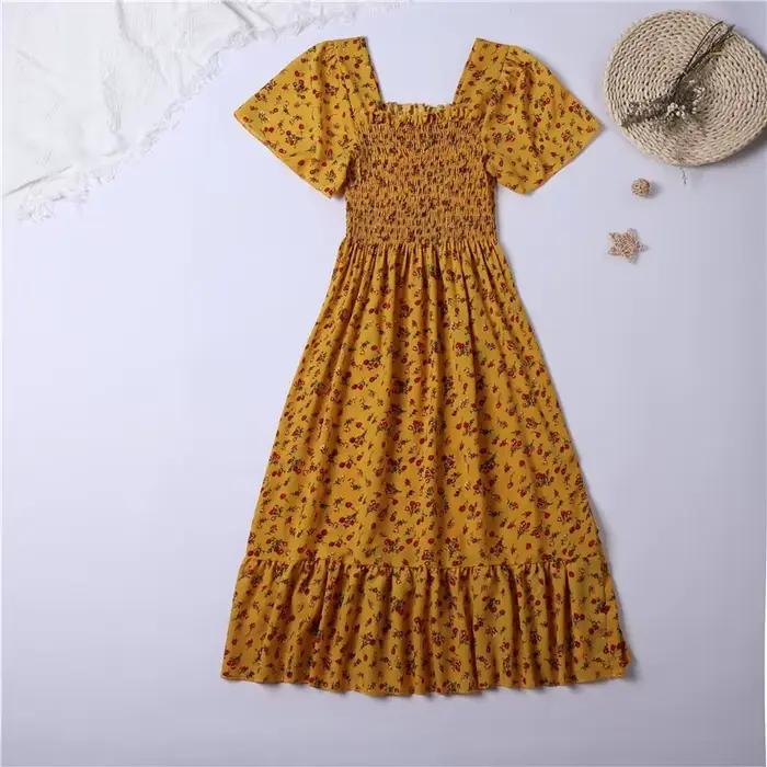 Printemps été robe en mousseline de soie femmes robes mi-longues femme à manches courtes taille élas