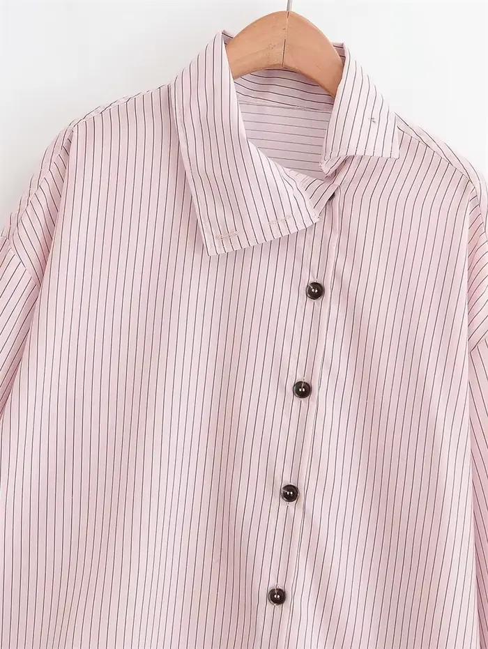 Chemise Femme Printemps 2026 Nouveau Style Rose Rayée Manches Longues Col Montant Boutonnage Simple