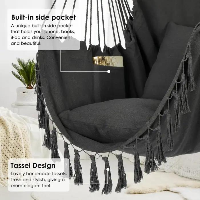Chaise suspendue en macramé avec 2 oreillers | Balançoire en corde de coton d'une capacité de 500