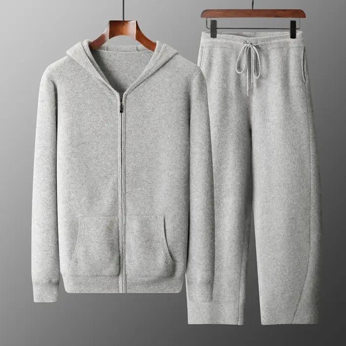 MVLYFLRT Costume tricoté en laine mérinos pour homme Cardigan à capuche avec fermeture éclair Pantal