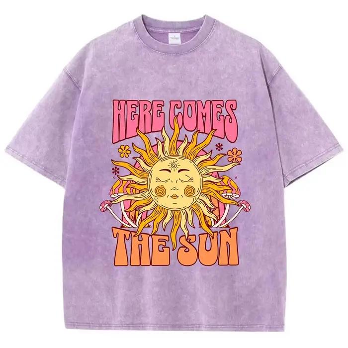 T-Shirt délavé surdimensionné pour femmes, en coton, imprimé ici arrive le soleil, décontracté, col