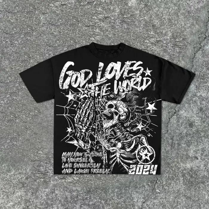 T-shirt col rond pour hommes, imprimé graffiti de crâne personnalisé, confortable et respirant, haut