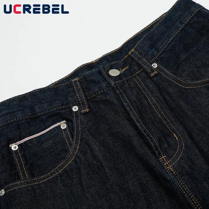 Poche pantalon en jean brut hommes couleur unie rétro haute rue droite jambe large jean foncé hommes