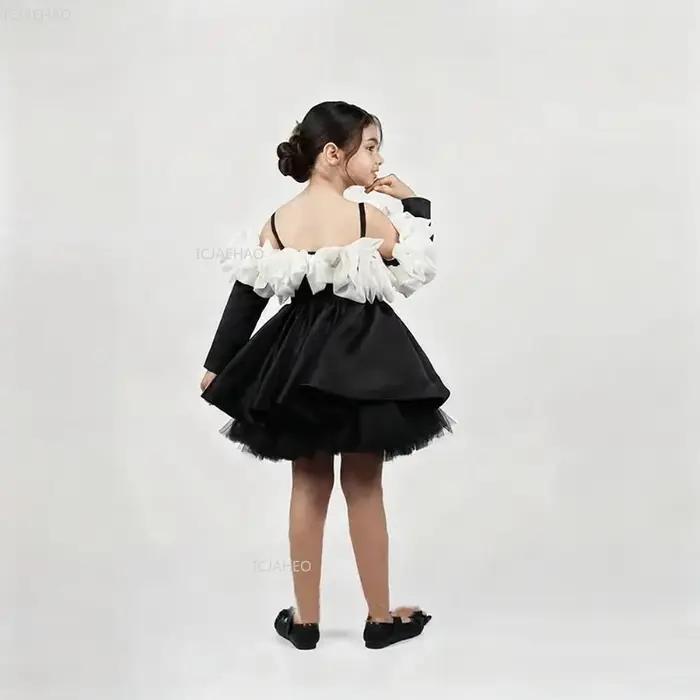Robe bouffante à manches longues pour filles, robe de princesse noire à bretelles Spaghetti, Costume