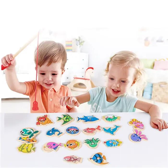 Jouets de pêche magnétiques, ensemble de jeu pour enfants, canne à pêche en bois de dessin animé Mon