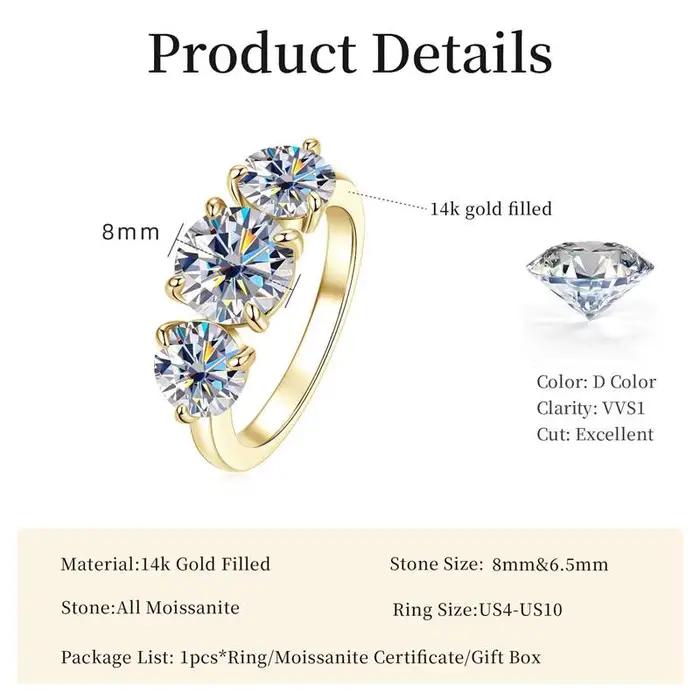Lnngy – bague de fiançailles ronde en Moissanite pour femmes, 8mm et 6.5mm, en or 14K, trois pierres