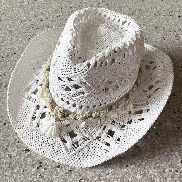 Chapeau de paille tissé à la main pour femmes, 1 pièce, décoration de coquille, chapeau de soleil de