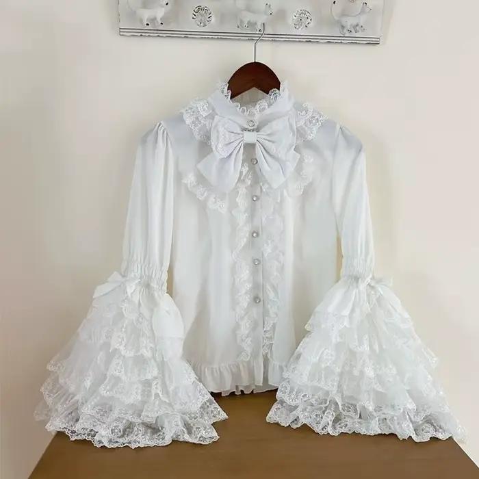 Chemise Lolita gothique et douce – Chemisier à volants à manches longues pour robes JSK, haut en den