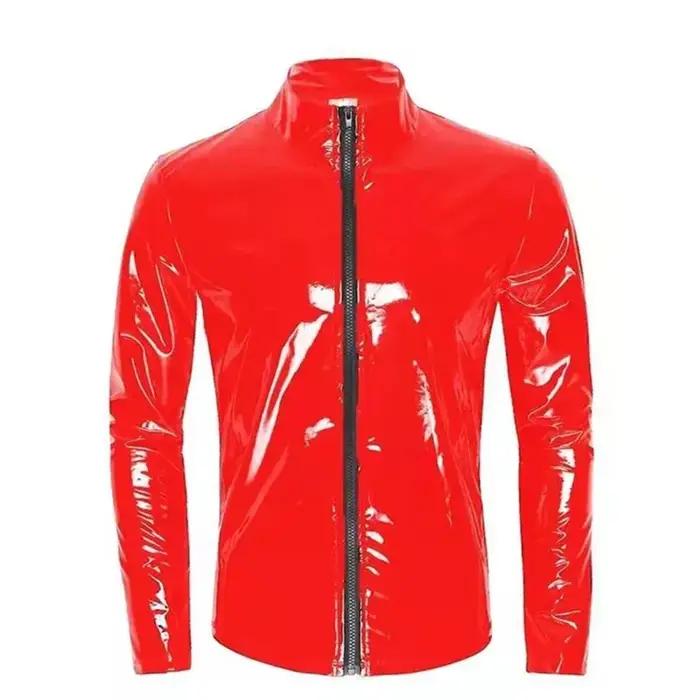 Nouveaux hommes Cardigan à fermeture éclair col montant chemise PVC brillant en cuir verni Sexy serré extensible Latex v