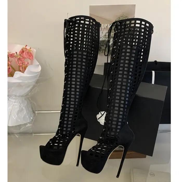 Eilyken Sexy Stiletto High Heels Peep Toe Hollow Out Knee-High Boots Women Design Lace-Up Shoes Summ
