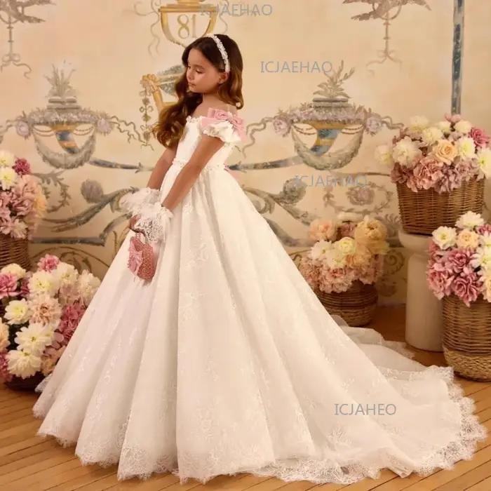Robe de cérémonie blanche pour filles, avec nœud rouge et dentelle, idéale pour demoiselle d'honneur