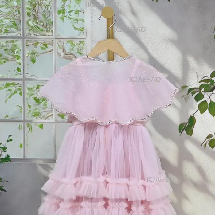 Robes et ensembles pour enfants, robe de princesse rose faite à la main avec fleurs 3D, robes d'anni