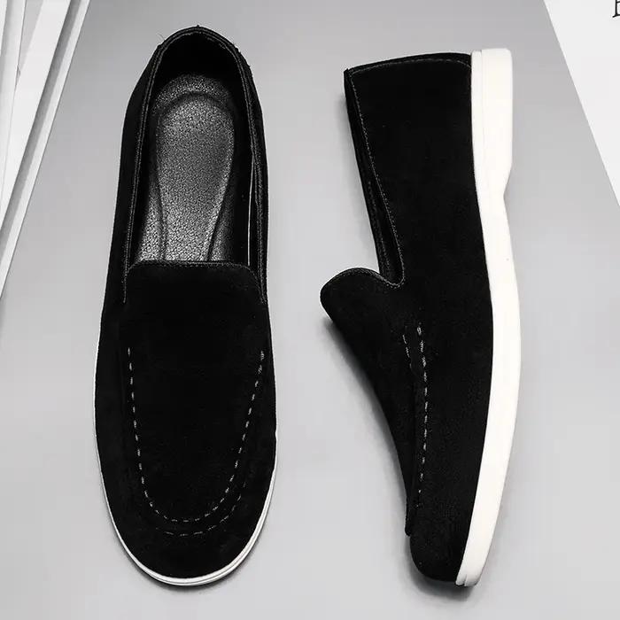 Mocassins à enfiler en cuir suédé pour hommes, chaussures de bateau plates et décontractées de Style