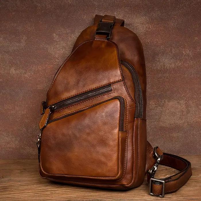 Sac de poitrine en cuir de grande capacité pour hommes, sac à bandoulière décontracté, tendance rétr