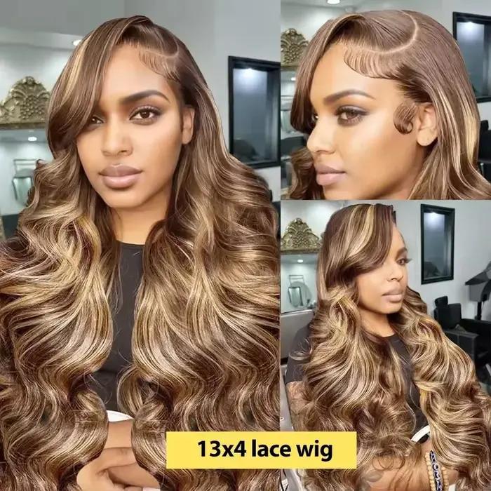 13x6 sans colle mettre en évidence Hd dentelle frontale perruque cheveux humains Ombre couleur miel