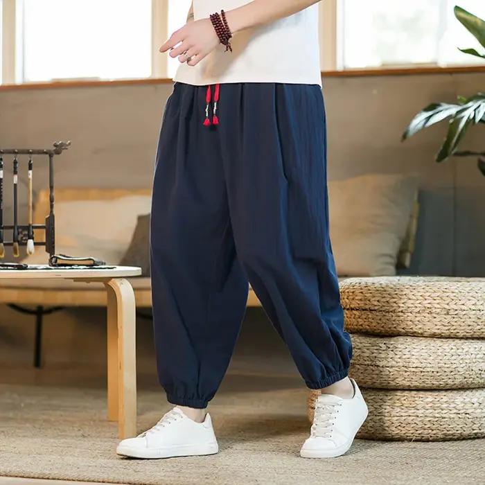 Pantalon décontracté japonais pour homme, en coton et chanvre, coupe ample avec cordon de serrage, s