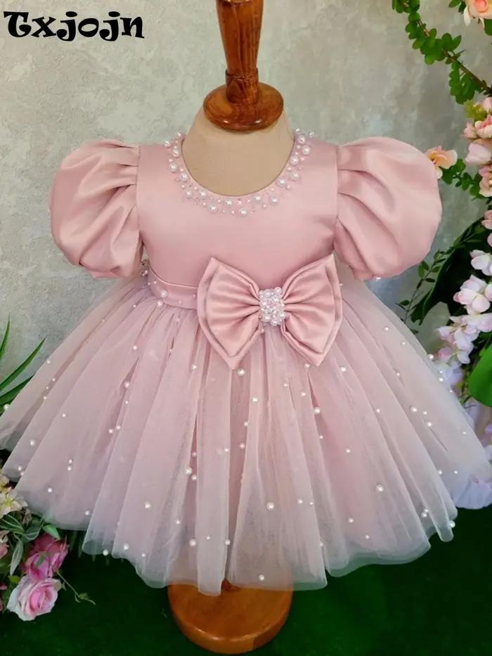 Robe rose à manches bouffantes et col rond pour fille, tenue de soirée de mariage, avec nœud brillan