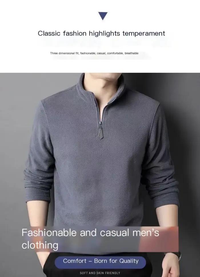 Polos chauds en laine d'agneau pour hommes, sweat-shirt, col montant, demi-fermeture éclair, manches