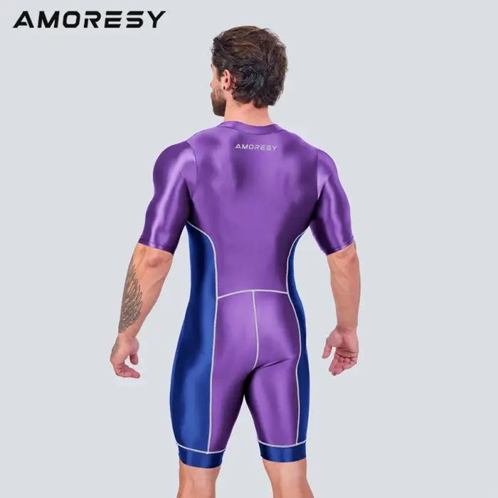AMORESY hommes lisse Satin course Catsuit demi manches body Yoga sport cyclisme salopette survêtemen