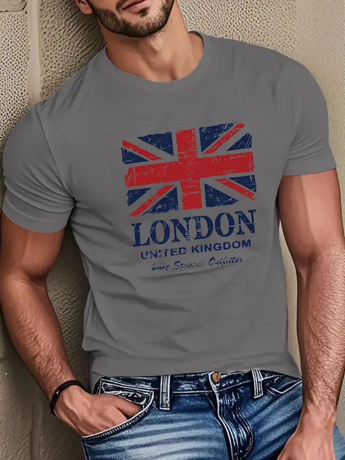 T-shirt à manches courtes pour hommes, 100% pur coton, imprimé drapeau britannique et monuments de L
