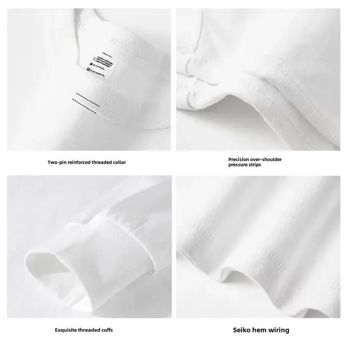 T-shirt à manches longues en pur coton robuste, 300g, haut blanc en peluche, couche de Base épaisse