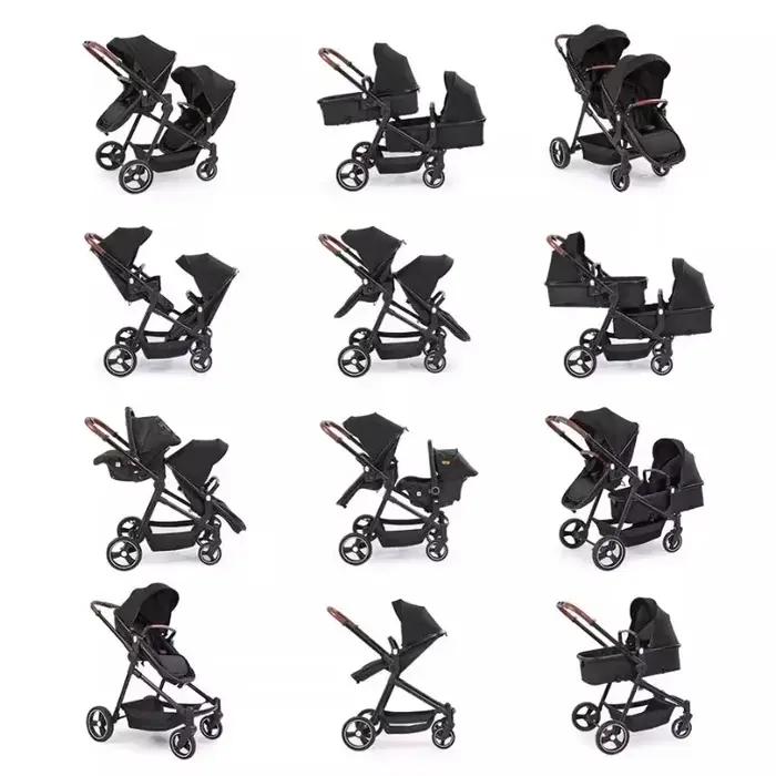 Poussette double neuve avec 2 sièges auto, poussette double multifonctionnelle légère et portable 3