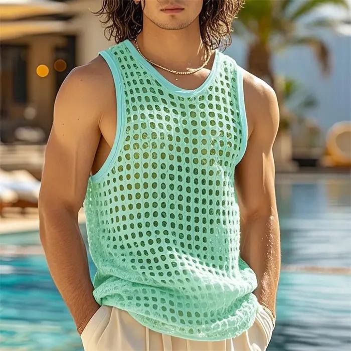 Nouveau Style américain mode hommes hauts vacances populaires évider maille gilets Sexy décontracté