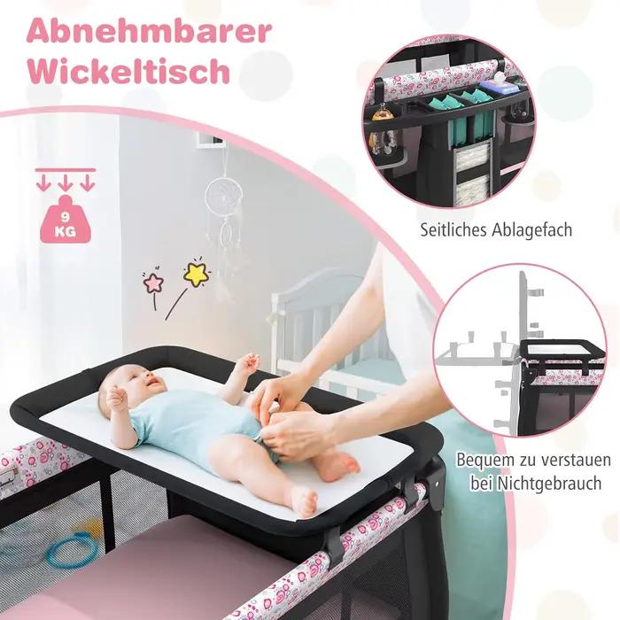 Lit de voyage 5 en 1 avec matelas, avec auvent réglable, avec matelas à langer, boîte à musique et s