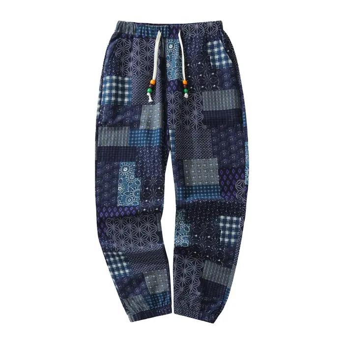 Pantalon Décontracté en Coton et Lin pour Homme, Imprimé Paisley Ethnique, Taille Moyenne, avec Ferm