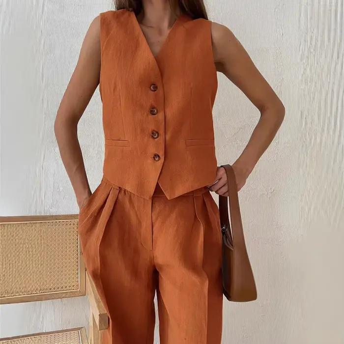 2025 nouvelles femmes lin coton Chic gilet et pantalon costume deux pièces ensemble bureau dames été