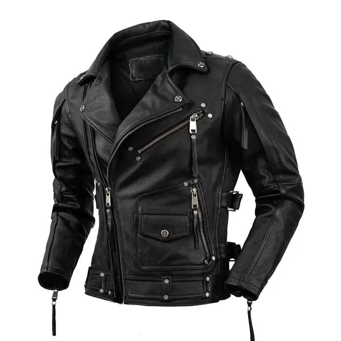 Veste de motard en cuir naturel pour homme, couche supérieure, cuir de vachette, rétro, pierre tremp