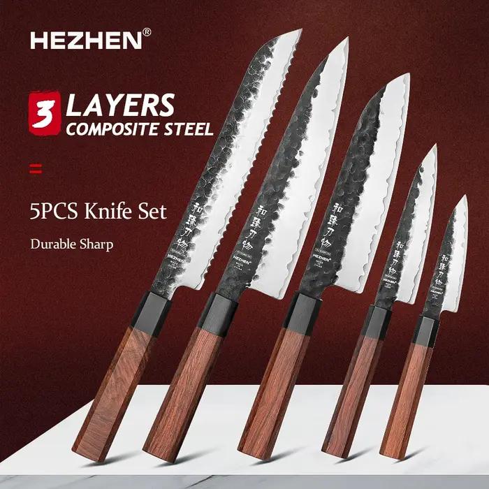 HEZHEN 1 pièce-5 pièces ensemble de couteaux de cuisine Chef utilitaire en acier inoxydable 3 couche