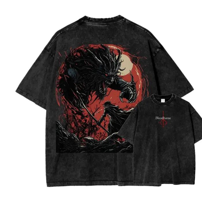 Nouveau T-shirt imprimé Bloodborne, jeu de rôle d'action tendance, style vintage délavé, en coton am
