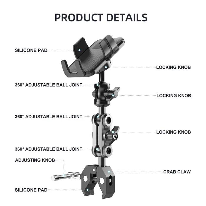Support de téléphone avec super pince pour tapis de course/vélo de spinning/poussette/fauteuil roulant/chariot de golf/poteaux/porte-partitres/vélo stationnaire/cintre de guidon