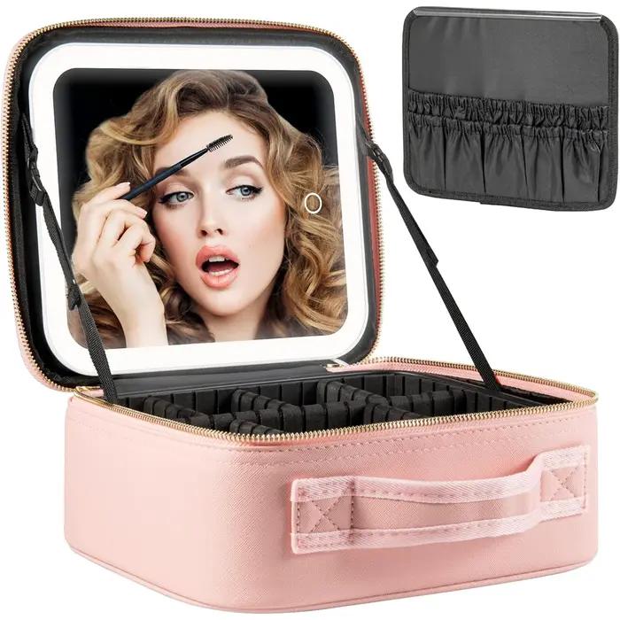 Trousse de maquillage avec miroir LED, grande mallette de voyage, organisateur de cosmétiques, sacs