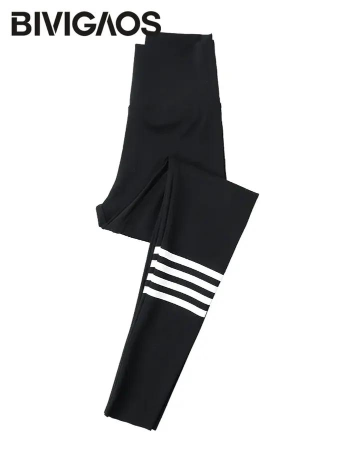 BIVIIncome OS-Leggings slim taille haute en peau de requin à quatre rayures pour femme, pantalon de