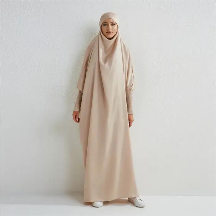 Abaya musulman à capuche manches smockées une pièce Robe de prière femmes Jilbab vêtements islamique