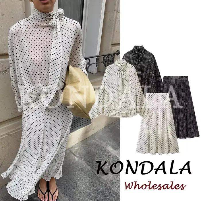 KONDALA Chic Ensemble Décontracté Femme à Pois avec Nœud, Chemise Ample Élégante + Jupe Longue Midi