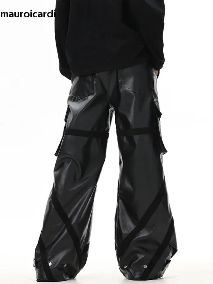 Mauroicardi-Pantalon Cargo en Cuir PU pour Homme, Baggy Noir, Jambes Larges, Poches Tridimensionnell