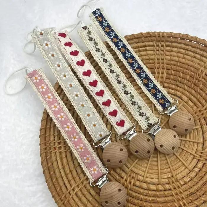 Chaîne de sucette en bois pour bébé, imprimé floral mignon, porte-mamelon factice, garde, anneau de