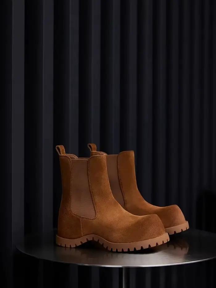 Bottines en daim marron et noir à bout rond large, à enfiler, avec sangle élastique, tendance automn