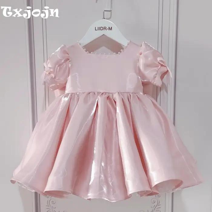 Robes pour enfants à manches bouffantes et perles roses, avec nœud, vêtements de spectacle de danse,