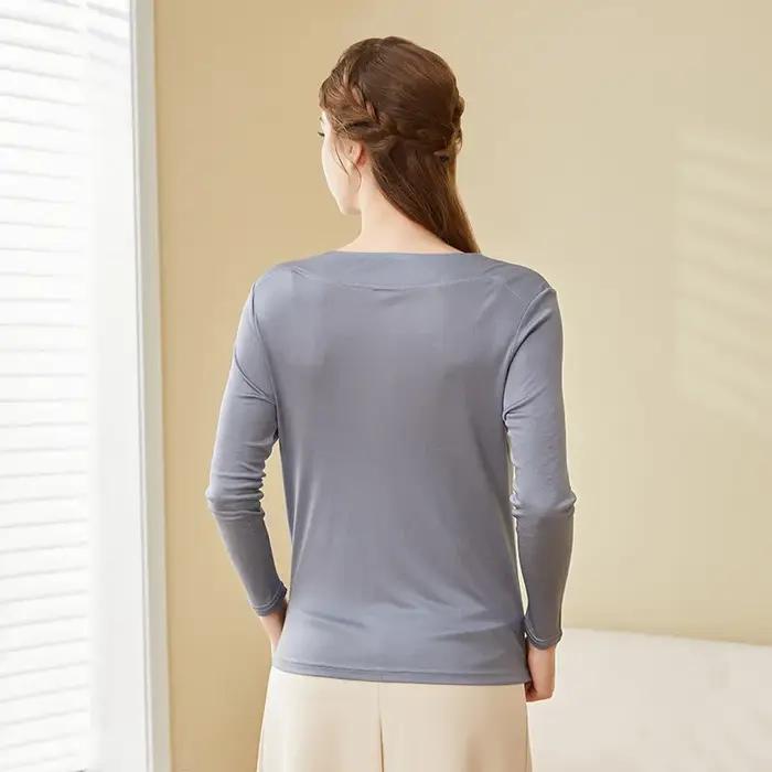 T-shirts en soie véritable Birdtree pour femme, col rond, uni, décontracté, manches longues, basique