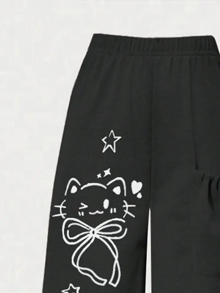 Pantalons décontractés à la mode pour filles, pantalons amples à jambes droites avec un design de po