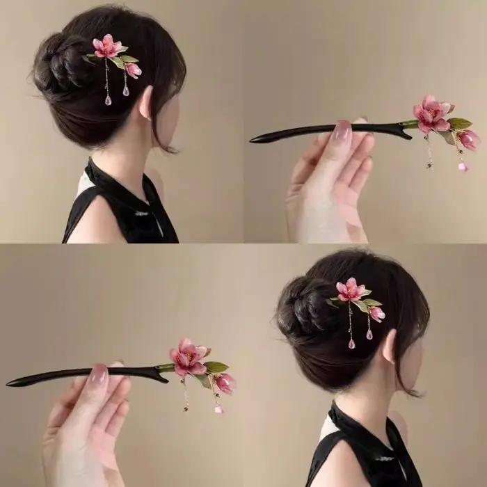 Épingle à cheveux florale de Style chinois, pompon de fleur rose, accessoire de cheveux élégant Hanf