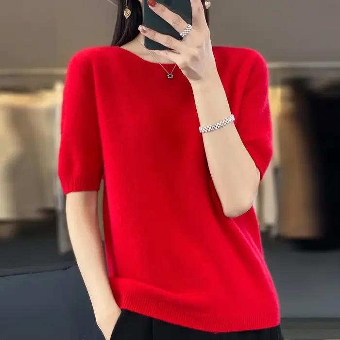 T-shirt tricoté à col rond pour femme, 100% laine mérinos, pull coréen à manches courtes, basique, c